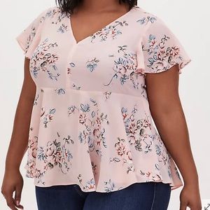 LIGHT PINK FLORAL GEORGETTE PEPLUM BLOUSE